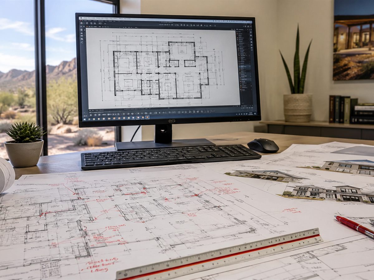 Residential drafting workspace with Arizona home plans and CAD drawings