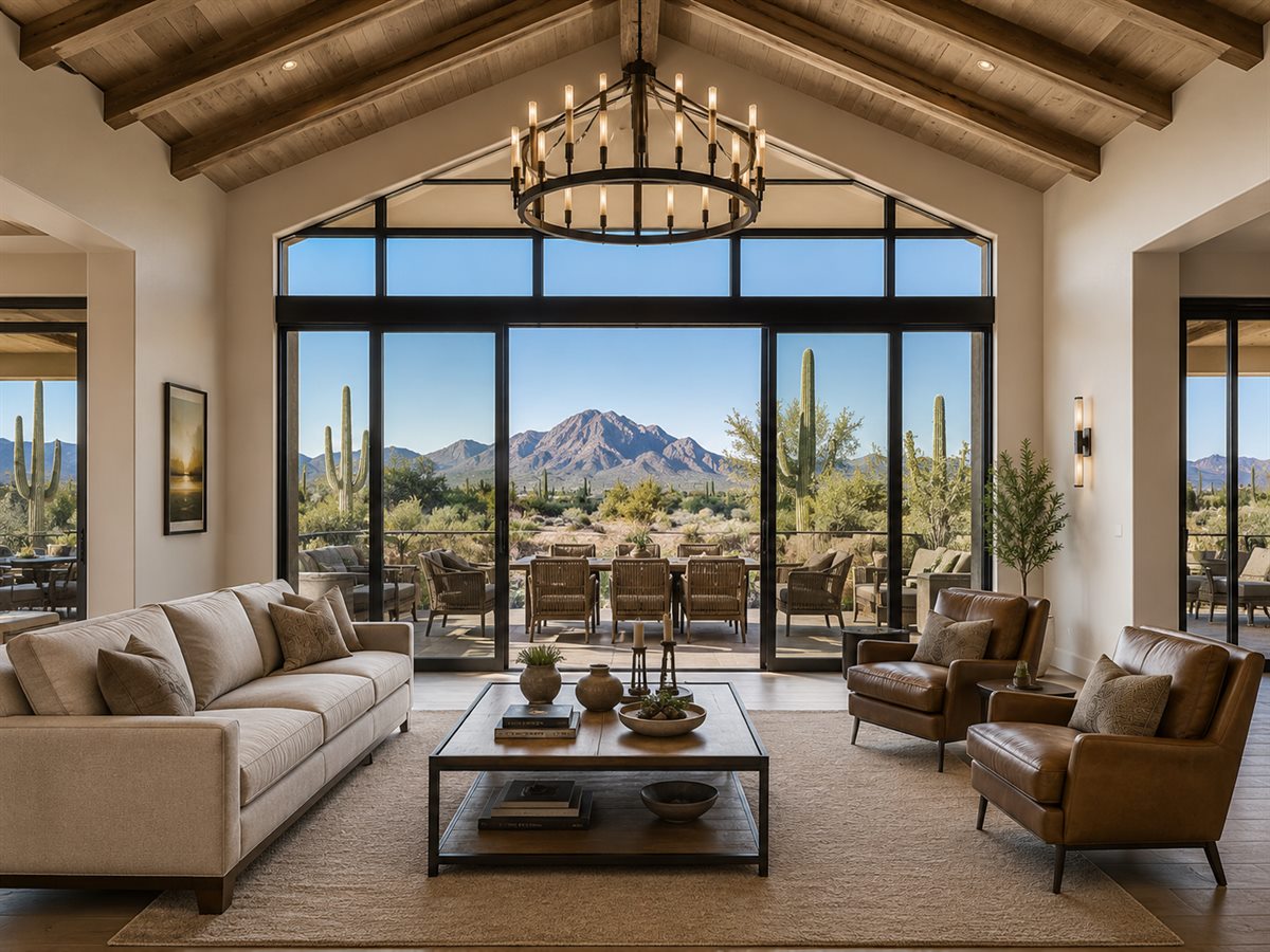 Custom Arizona home interior with desert mountain views