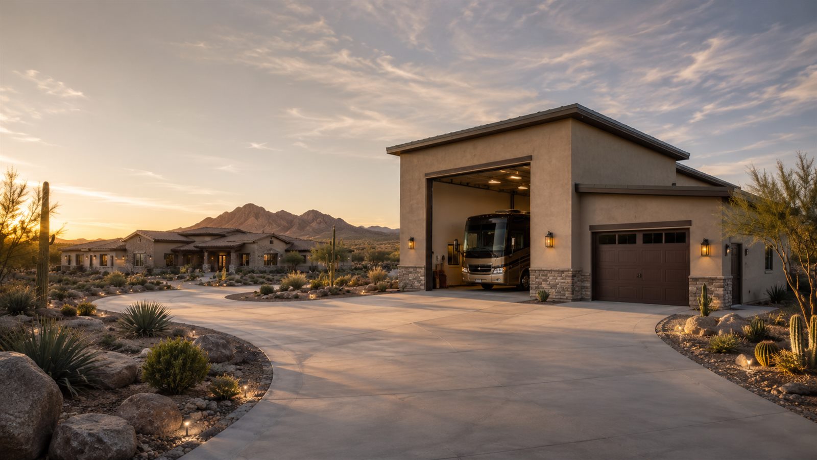 Detached RV garage and Arizona desert home at sunset