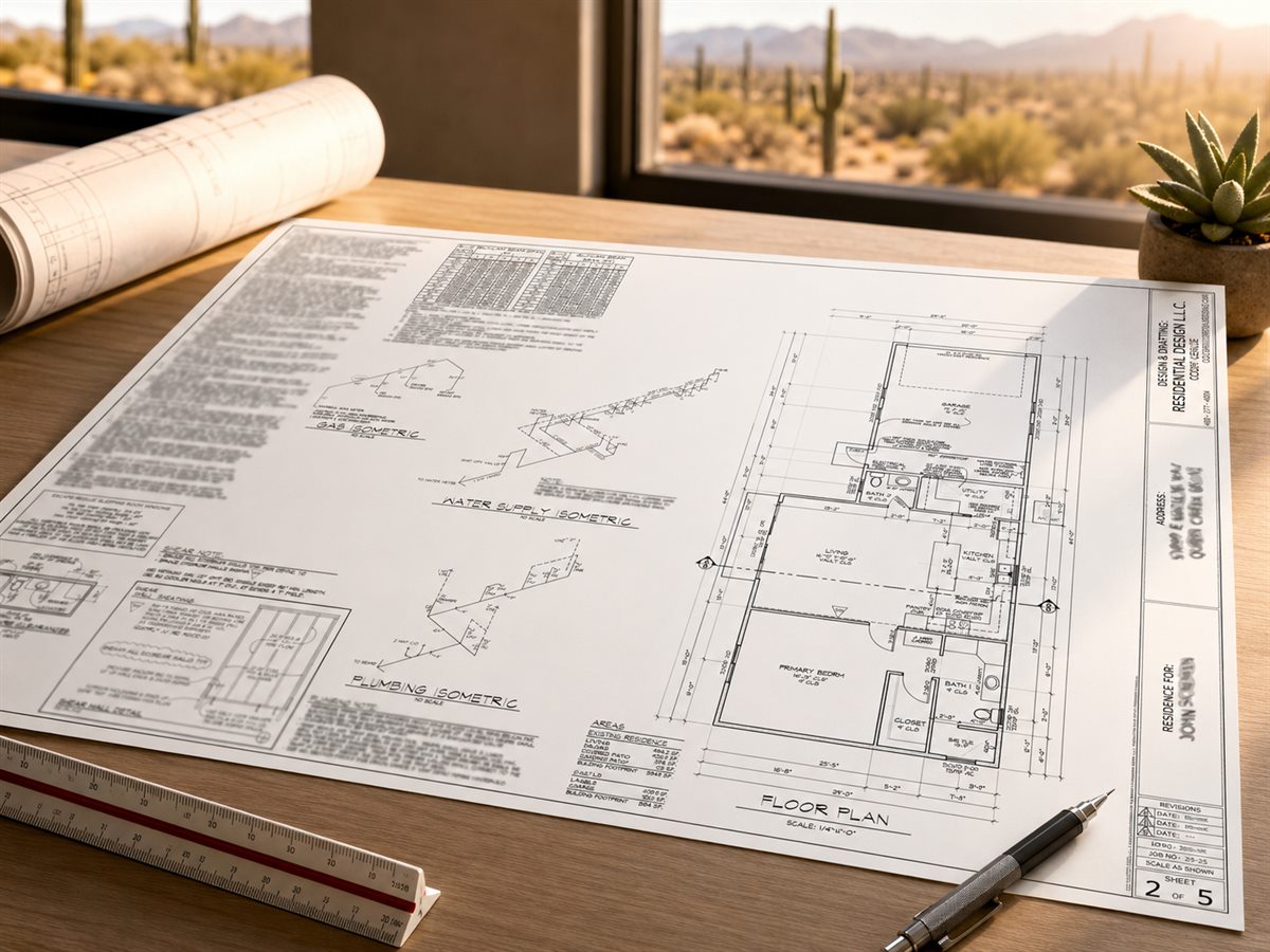 Detached structure floor plan and utility details on a drafting table